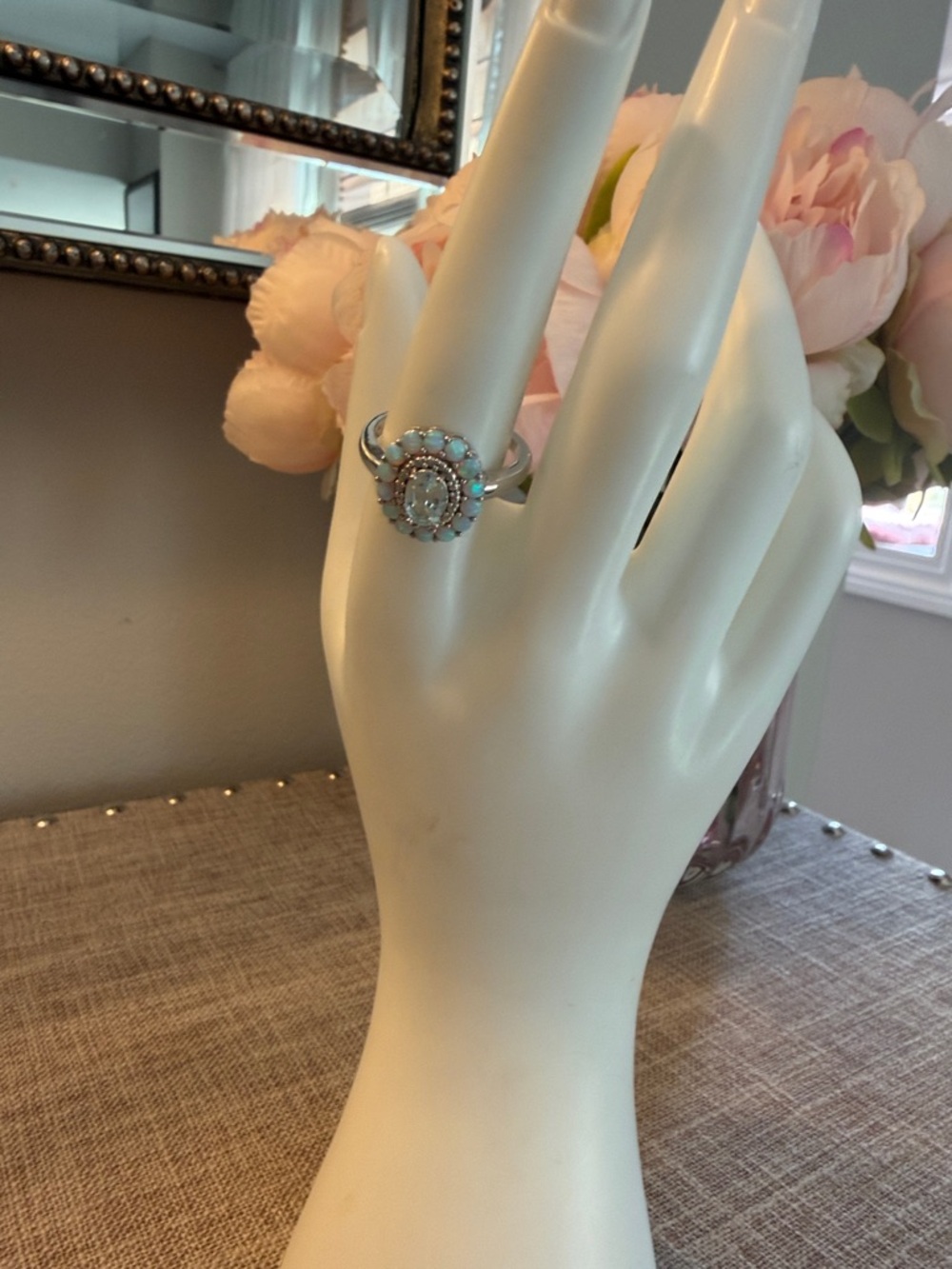 NIB simulated blue Opal Halo Ring w 15-crystal bezel - stainless beautiful - Picture 3 of 7